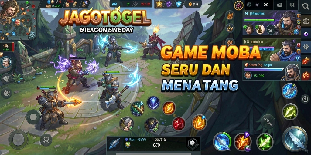 Tampilan gameplay seru dalam JAGOTOGEL, menunjukkan aksi MOBA yang mendebarkan.