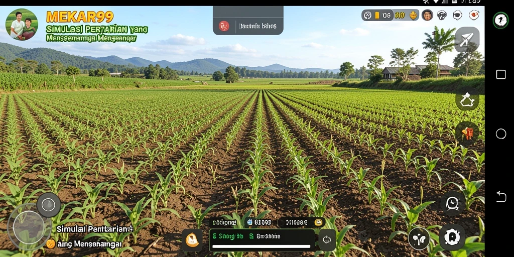 Screenshot dari gameplay MEKAR99 yang menunjukkan kebun yang indah dan tanaman beragam.