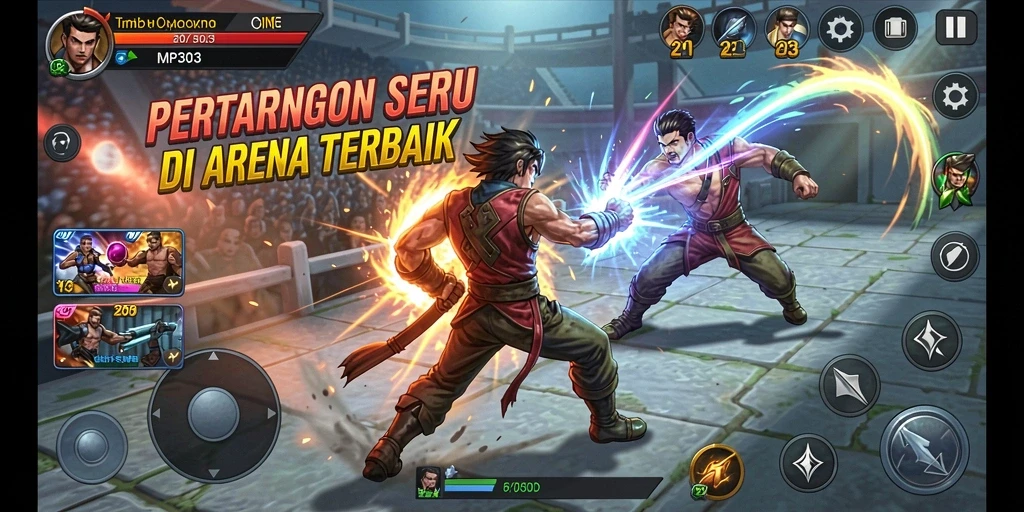 Screenshot MPO303 menampilkan duel seru dengan karakter bertarung di arena.