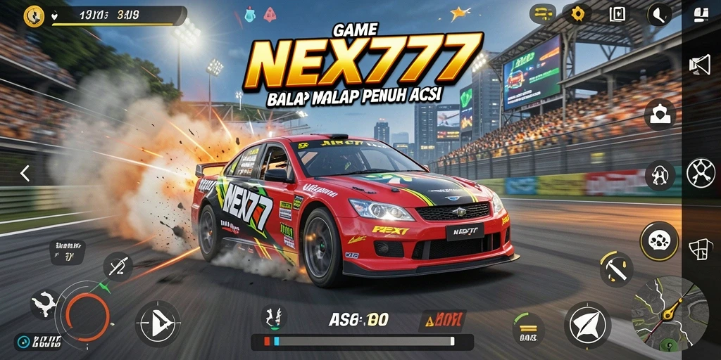 Tangkapan layar <strong>NEX777</strong> menampilkan aksi balap mobil yang intens dan grafis menawan.