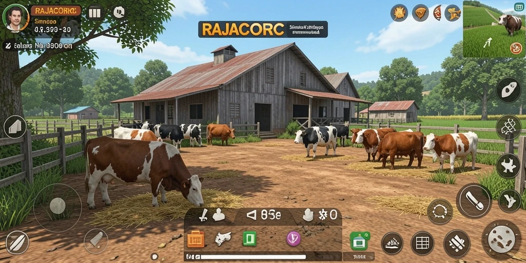 Tangkapan layar gameplay RAJACORC yang menampilkan suasana peternakan yang hidup.