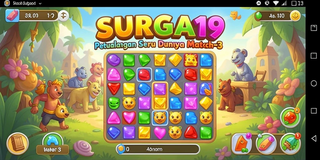 Tangkapan layar menunjukkan aksi memainkan level Match-3 di SURGA19.